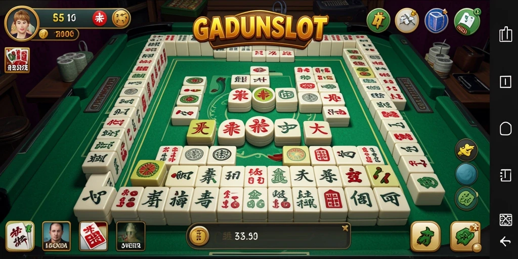 Tampilan gameplay GADUNSLOT yang menampilkan ubin Mahjong yang berwarna-warni.