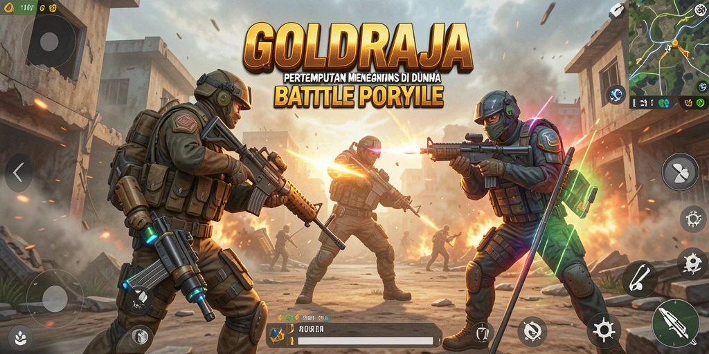 Screenshot menunjukkan aksi seru dalam pertempuran Battle Royale di GOLDRAJA.