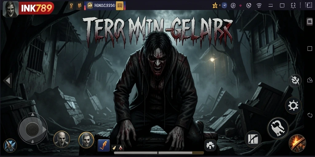 Gameplay mencekam INK789 dalam suasana gelap dan penuh teror.