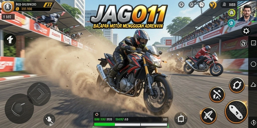 Tangkapan layar gameplay seru JAGO11 dengan balapan motor yang mendebarkan.