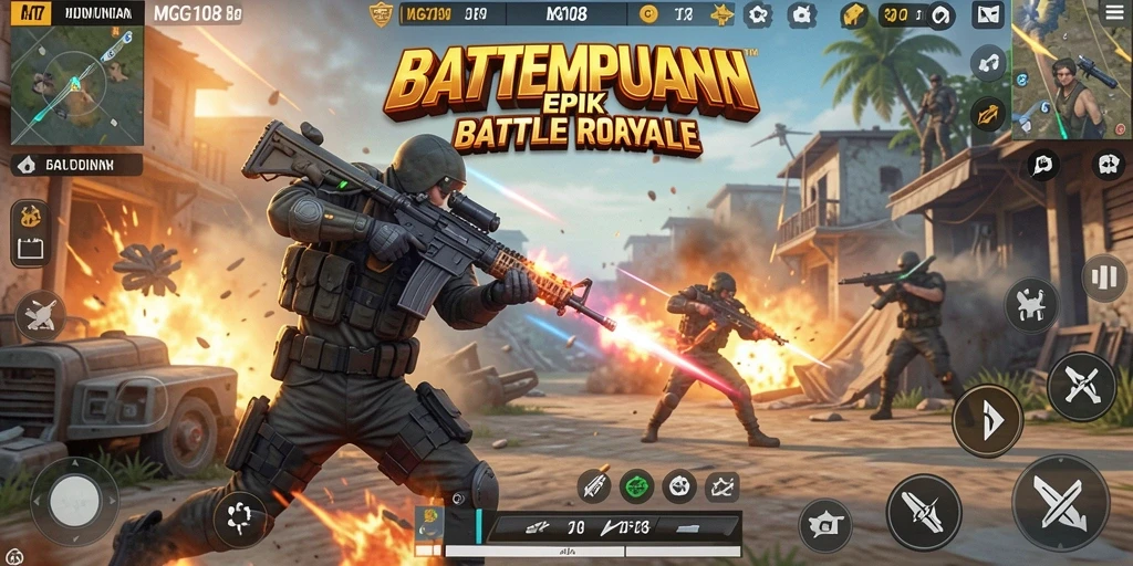 Tampilan epik dari gameplay MG108 dalam pertempuran Battle Royale.