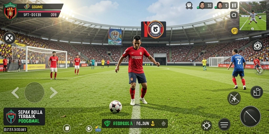 Screenshot utama PP7 menampilkan aksi seru dalam permainan sepak bola.