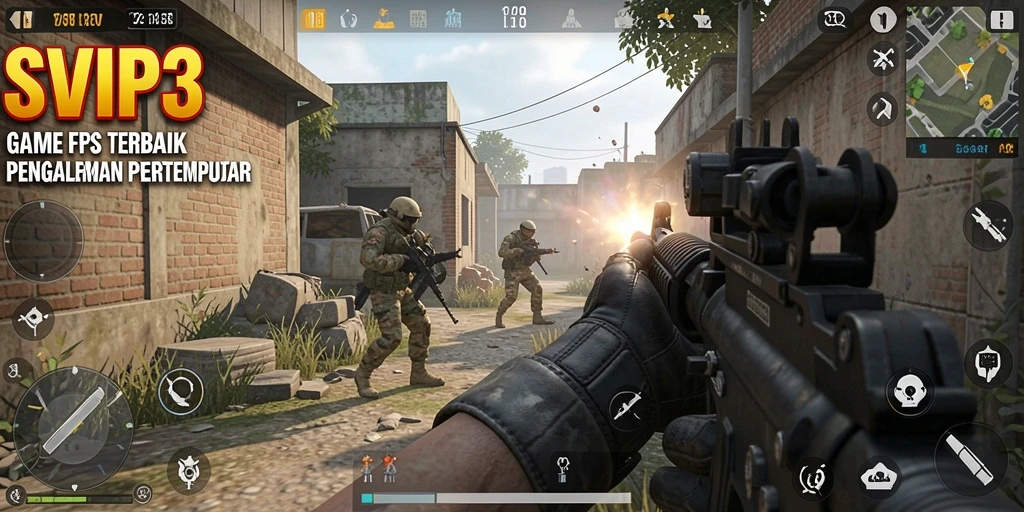 Screenshot gameplay SVIP3 menampilkan aksi tembak-menembak yang intens di medan perang.